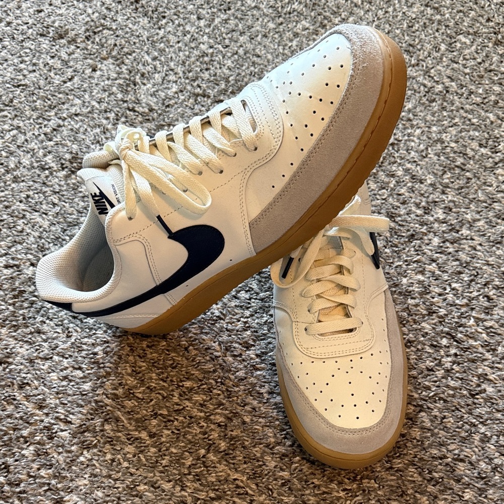 Nike Court Vision Sneakers in White, Navy & Gum Brown